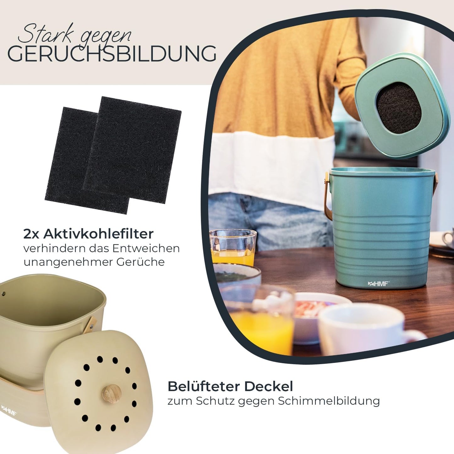 Geruchsdichter Biomülleimer, Beige 6 L
