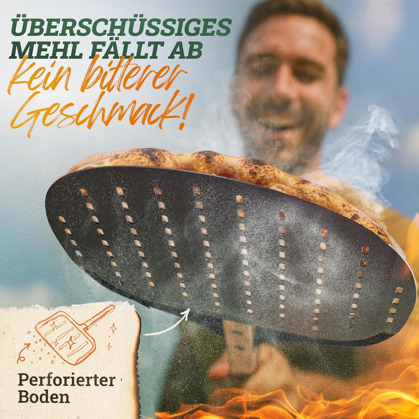 Antihaft Pizzaschaufel mit Holzgriff, Schwarz Pizzaschieber 32cm [rund]