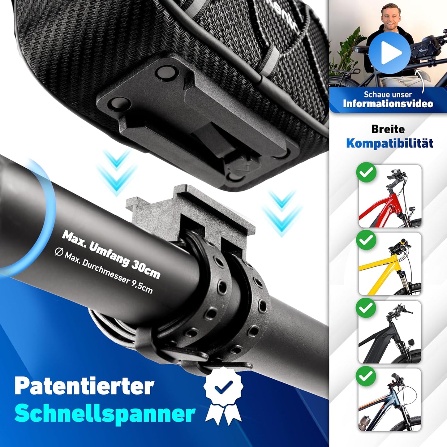 Rahmentasche mit Schnellspanner und Handyfach, Schwarz