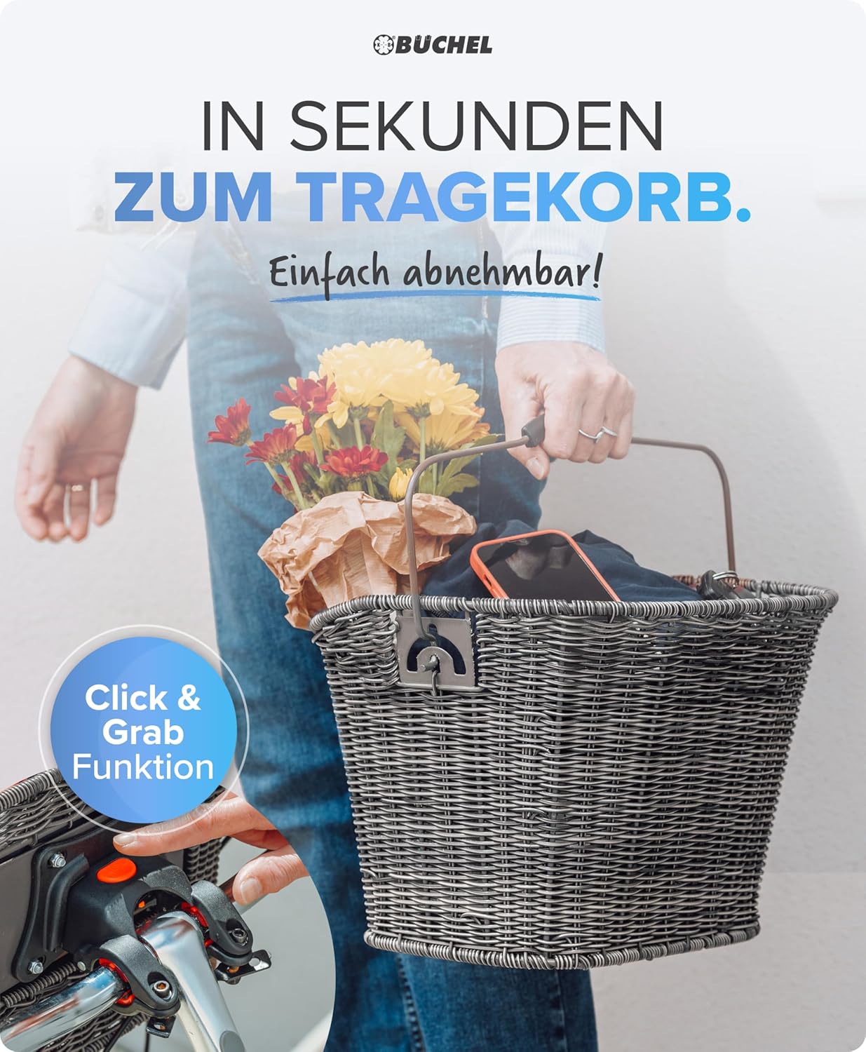Fahrradkorb mit Schnellklick-Halterung, grau