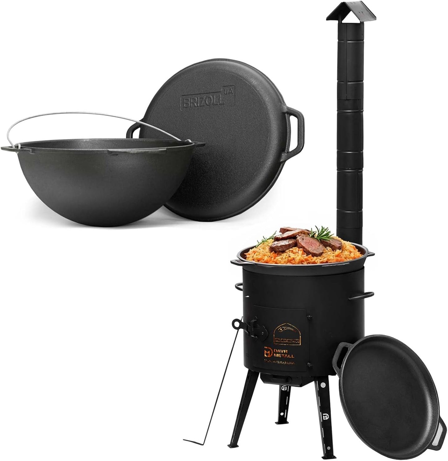 Kazan Feldküchen-Set mit Abzugsrohr, Ø36 cm + 8 L, Deckel-bratpfanne