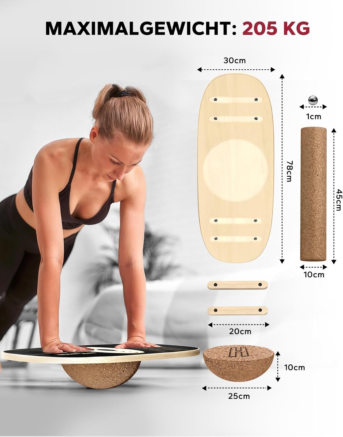 Labyrinth Balanceboard mit Korkrolle & Halbkugel, Schwarz / Holzfarben