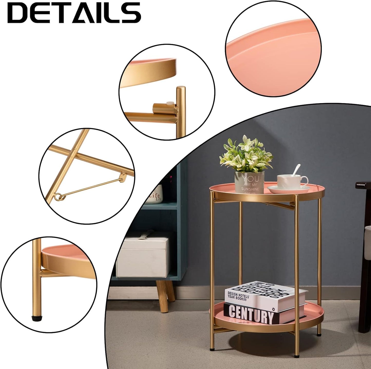 Runder Metall-Beistelltisch mit 2 Ebenen, Goldener Rosa