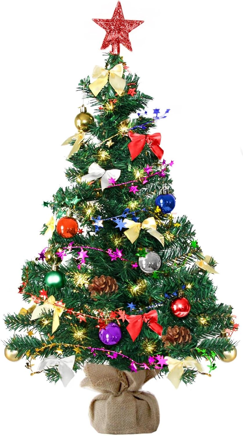 Künstlicher Weihnachtsbaum mit Deko und LED-Lichterkette, 90 cm / Grün-bunt-braun+warmweiss
