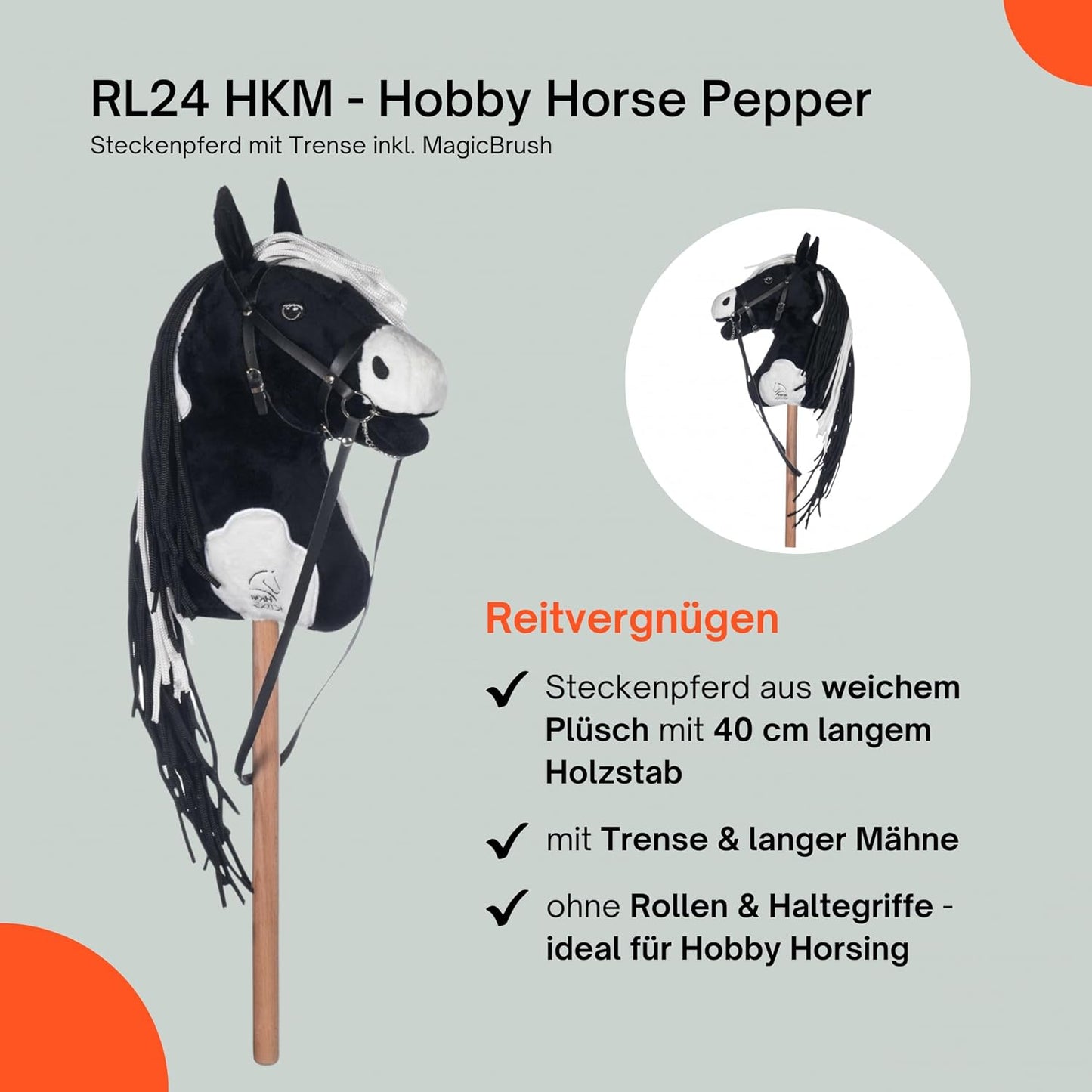 Steckenpferd Pepper mit Trense und langer Mähne, Pepper Schwarz/Weiss