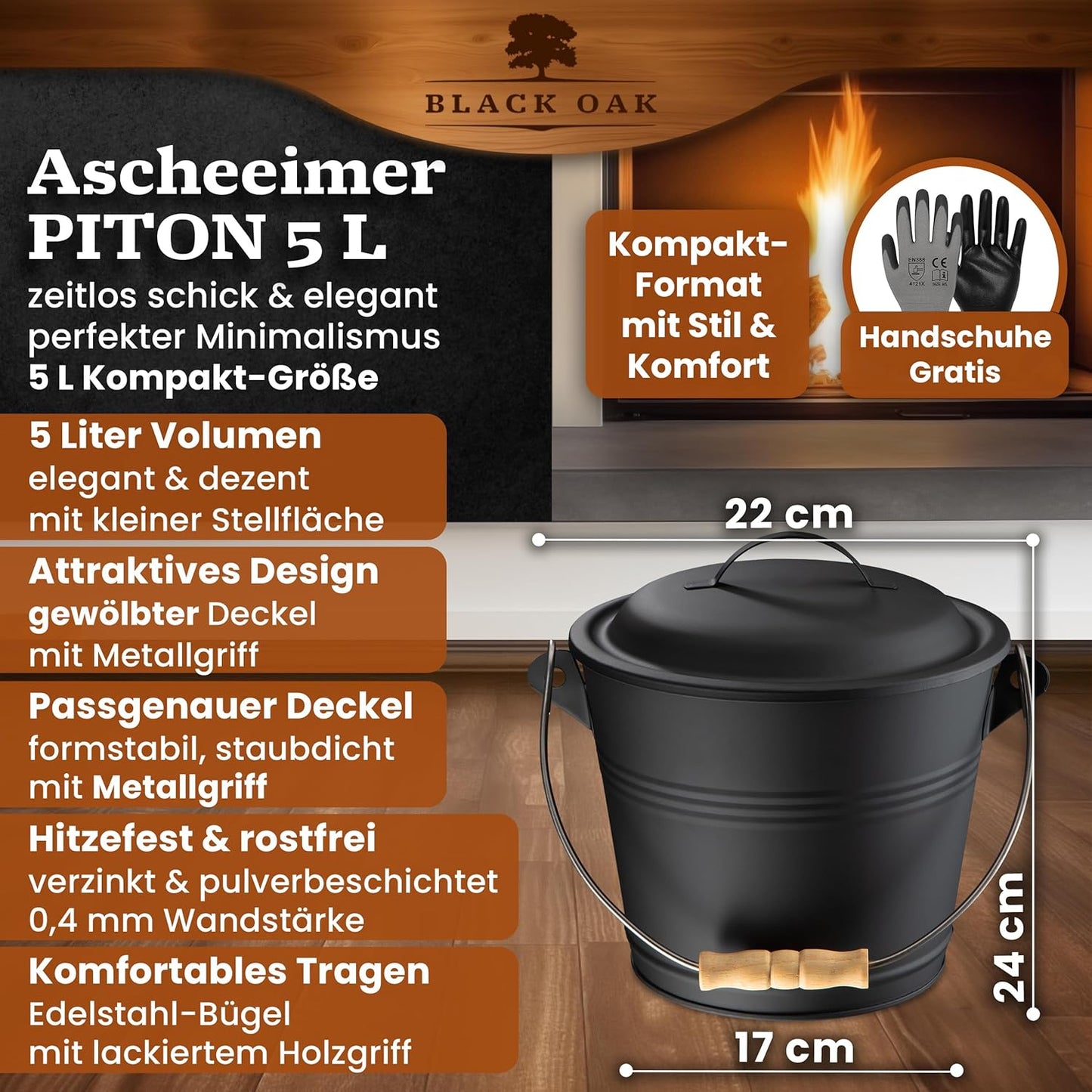 Ascheeimer mit Deckel, Piton 5L Eimer