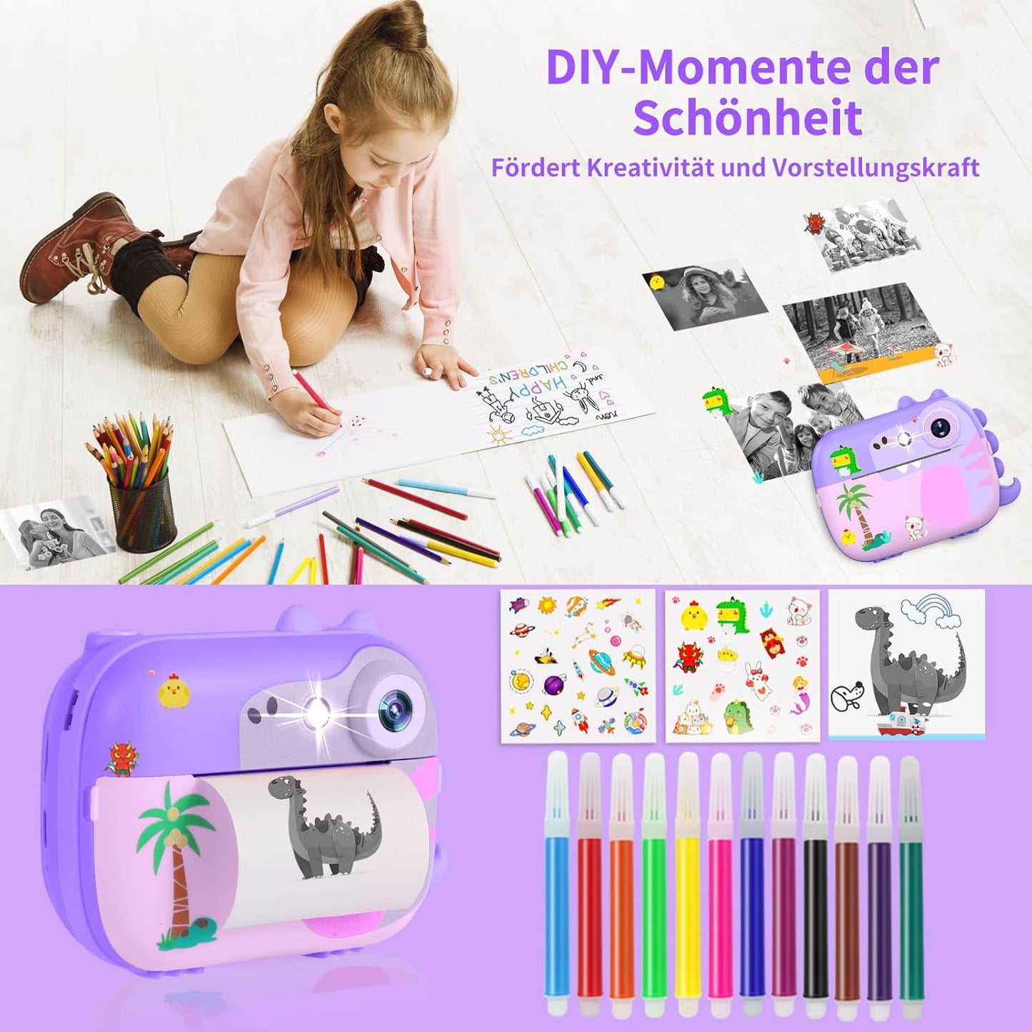 Sofortbildkamera für Kinder (inkl. 7 Rollen Papier), Lila