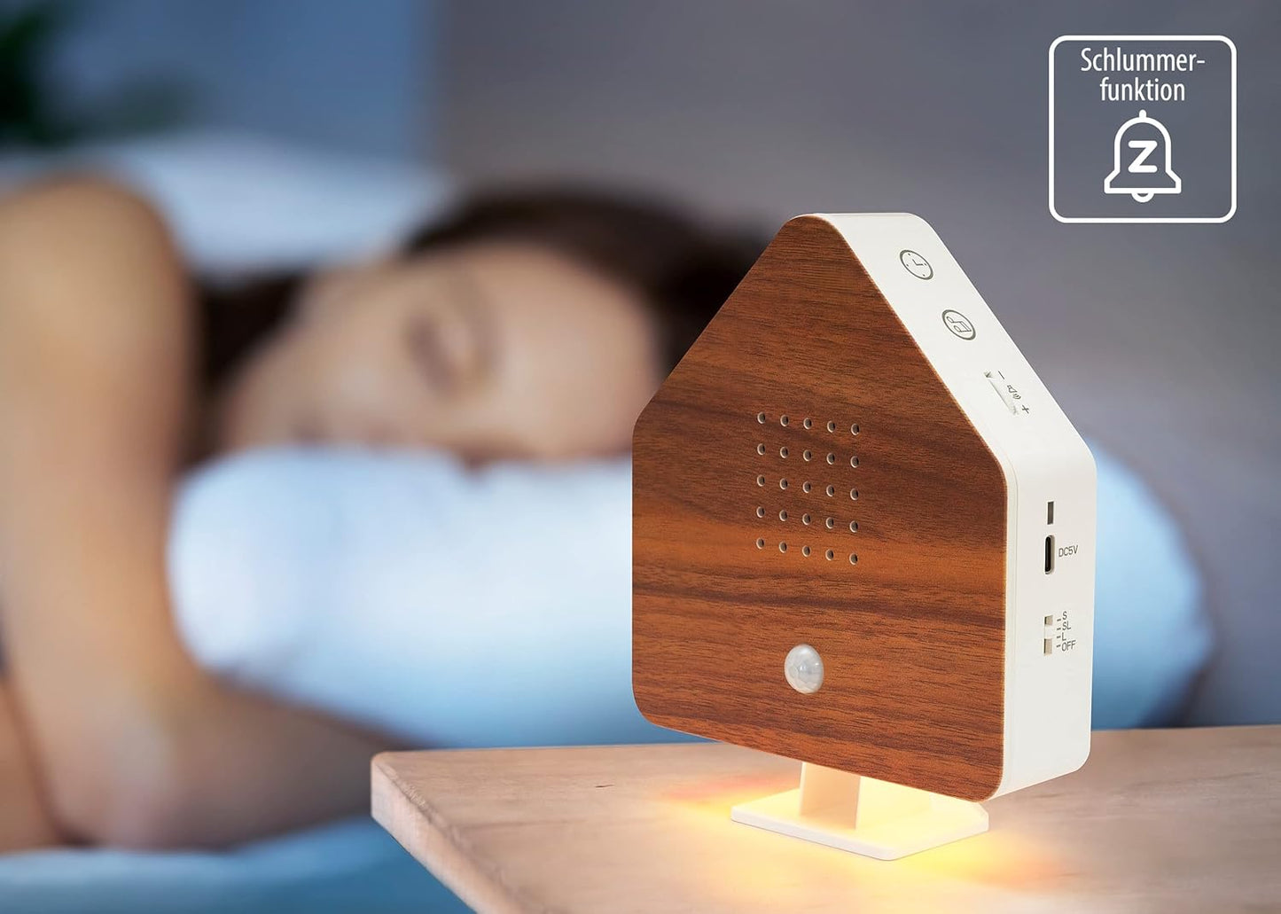 Naturgeräusche-Box mit Bewegungsmelder & Licht, Holzoptik