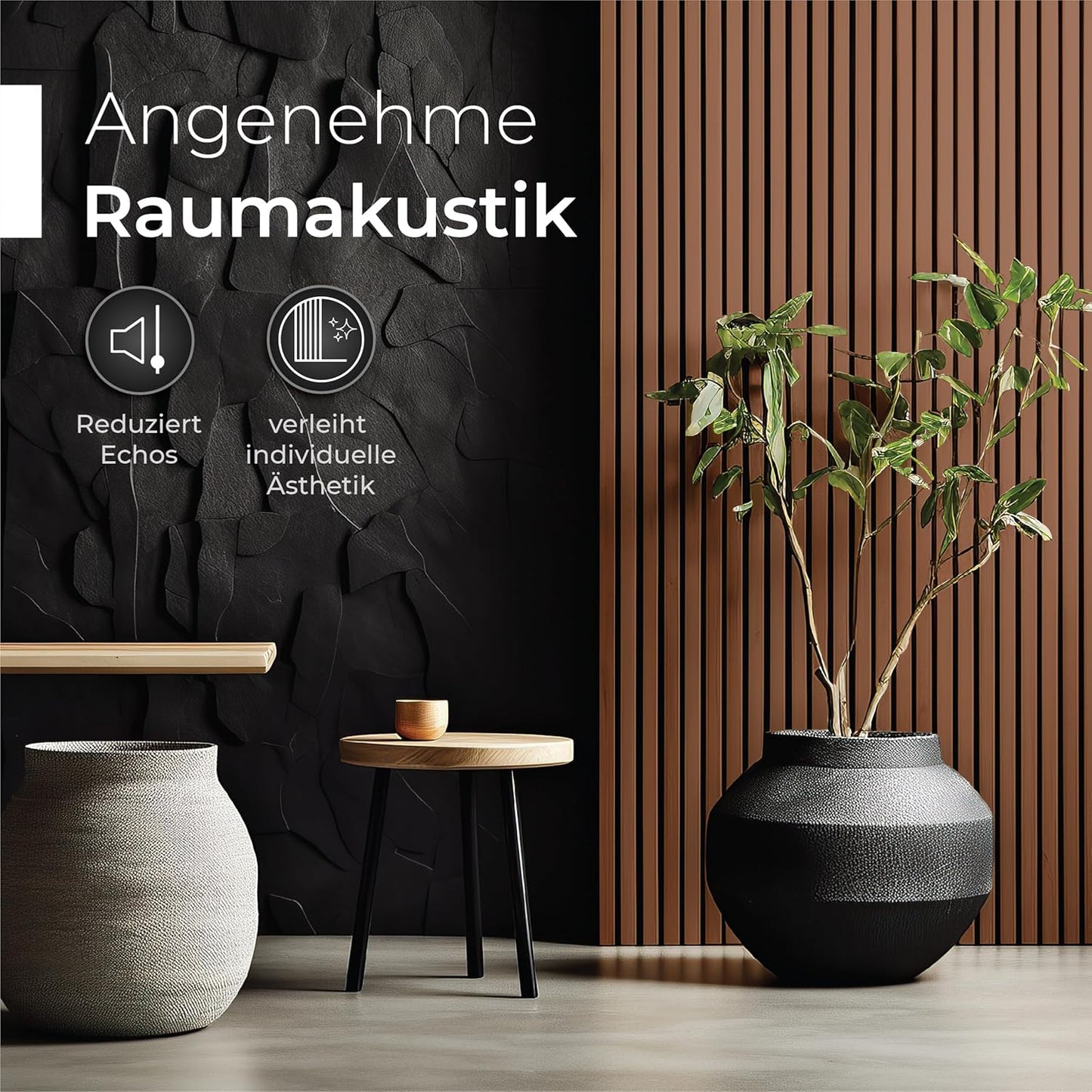 Akustikpaneele Wandverkleidung, 4 Stück | je 120 x 60 x 2,1 cm Holzfurnier Walnuss | Akustikfilz Schwarz