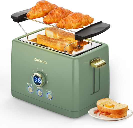 2 Scheiben Toaster mit Brötchenaufsatz und LED-Display, Grün