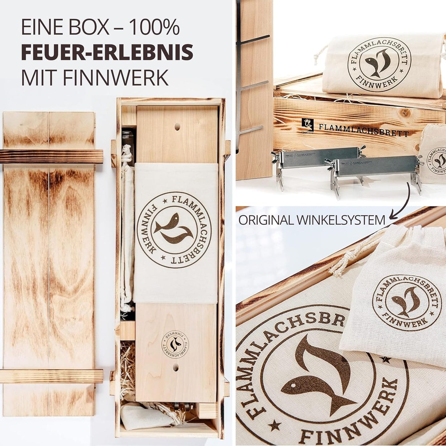 Flammlachsbrett mit Edelstahlhalterung, 2er Set Geschenkset - Weiß
