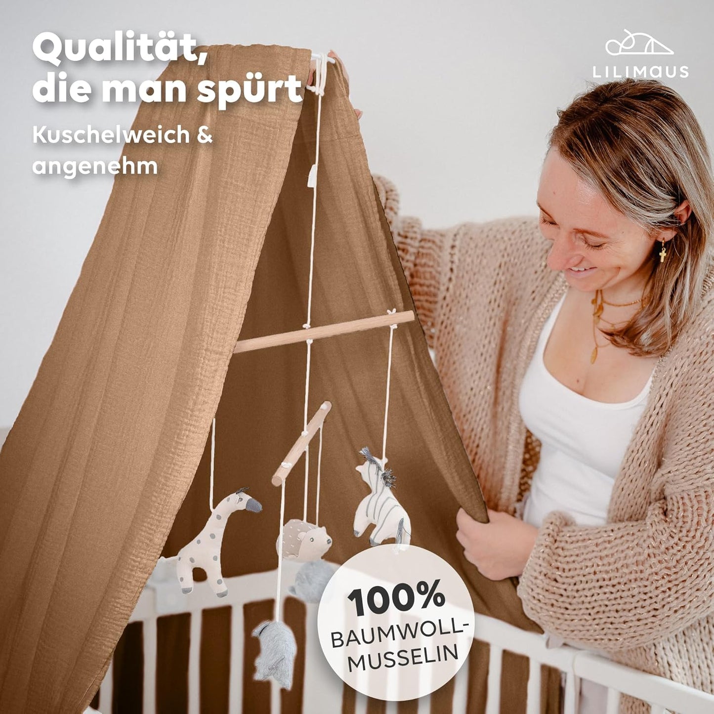 Betthimmel aus Musselin, Nougat ohne Himmelstange