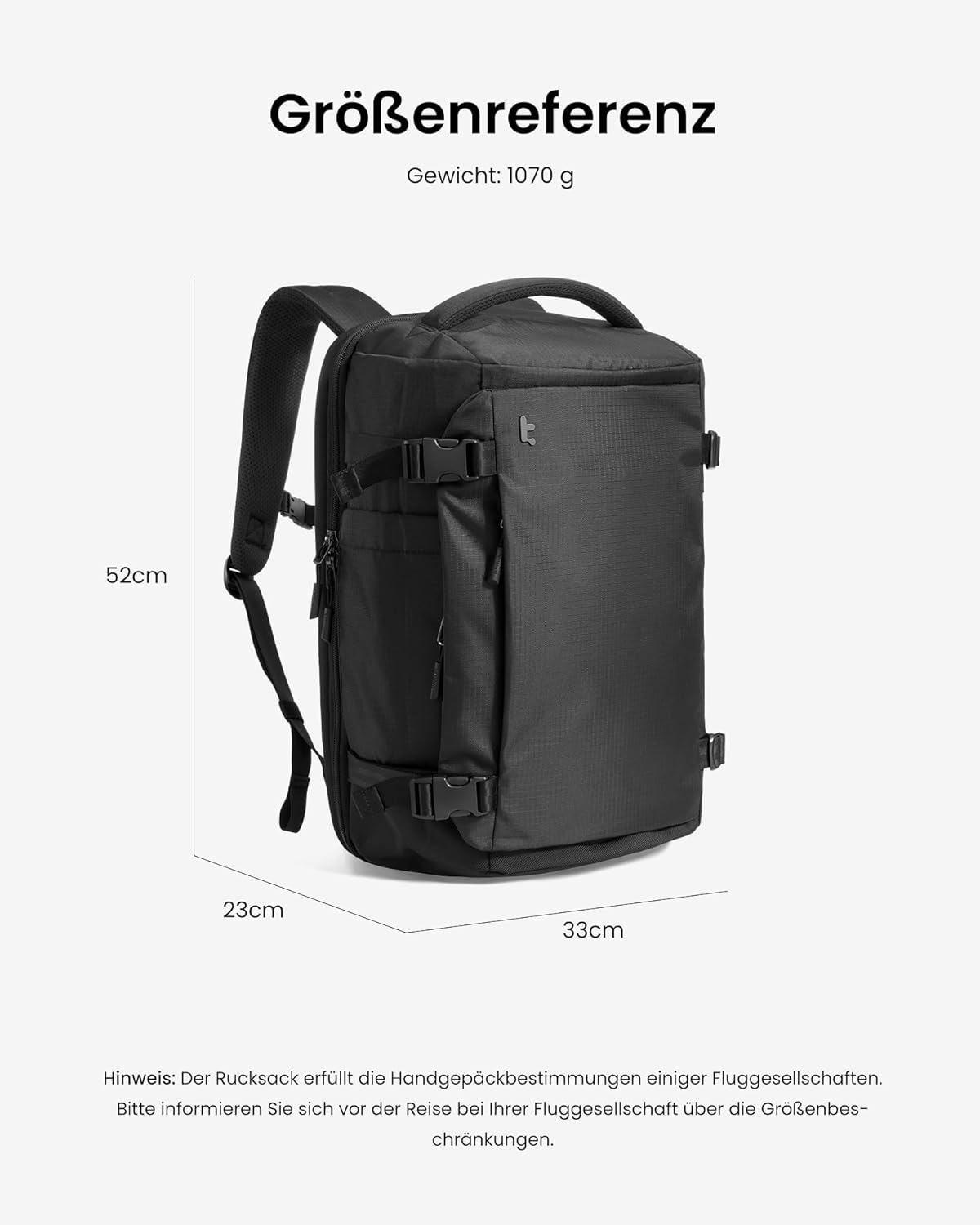 Handgepäck-Rucksack, 40 Liter Schwarz-ripstop