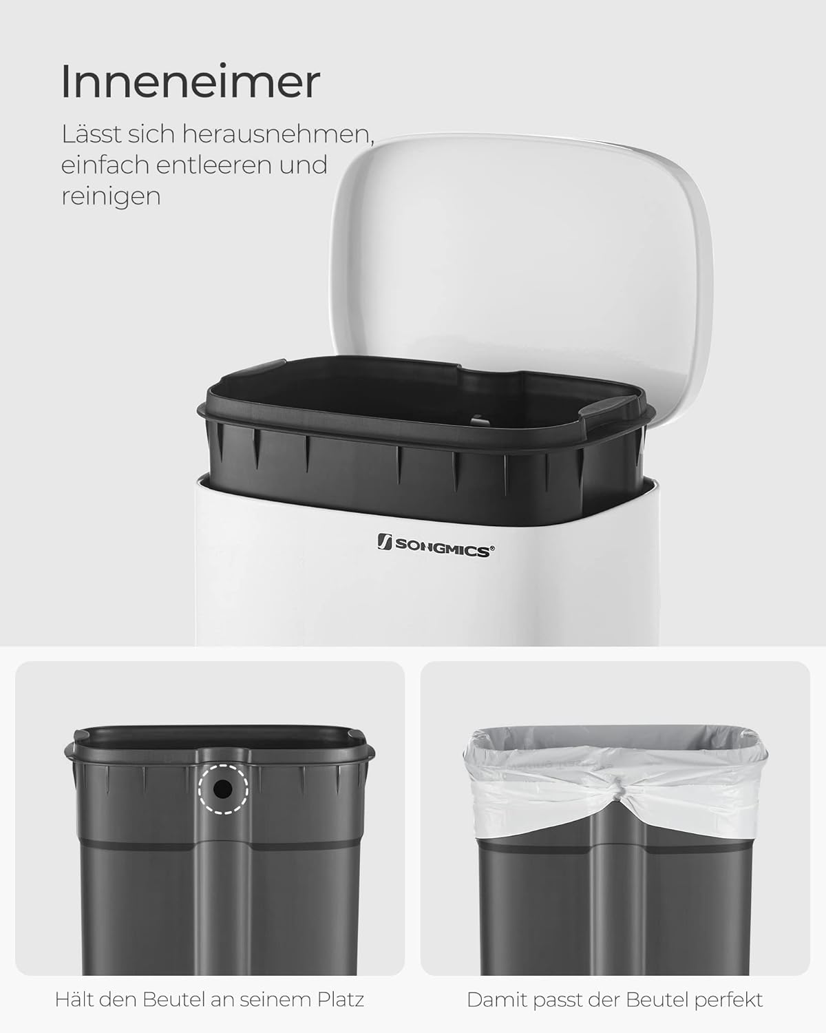 Treteimer mit Softclose und Inneneimer, LTB03WT, Weiss, 30 L