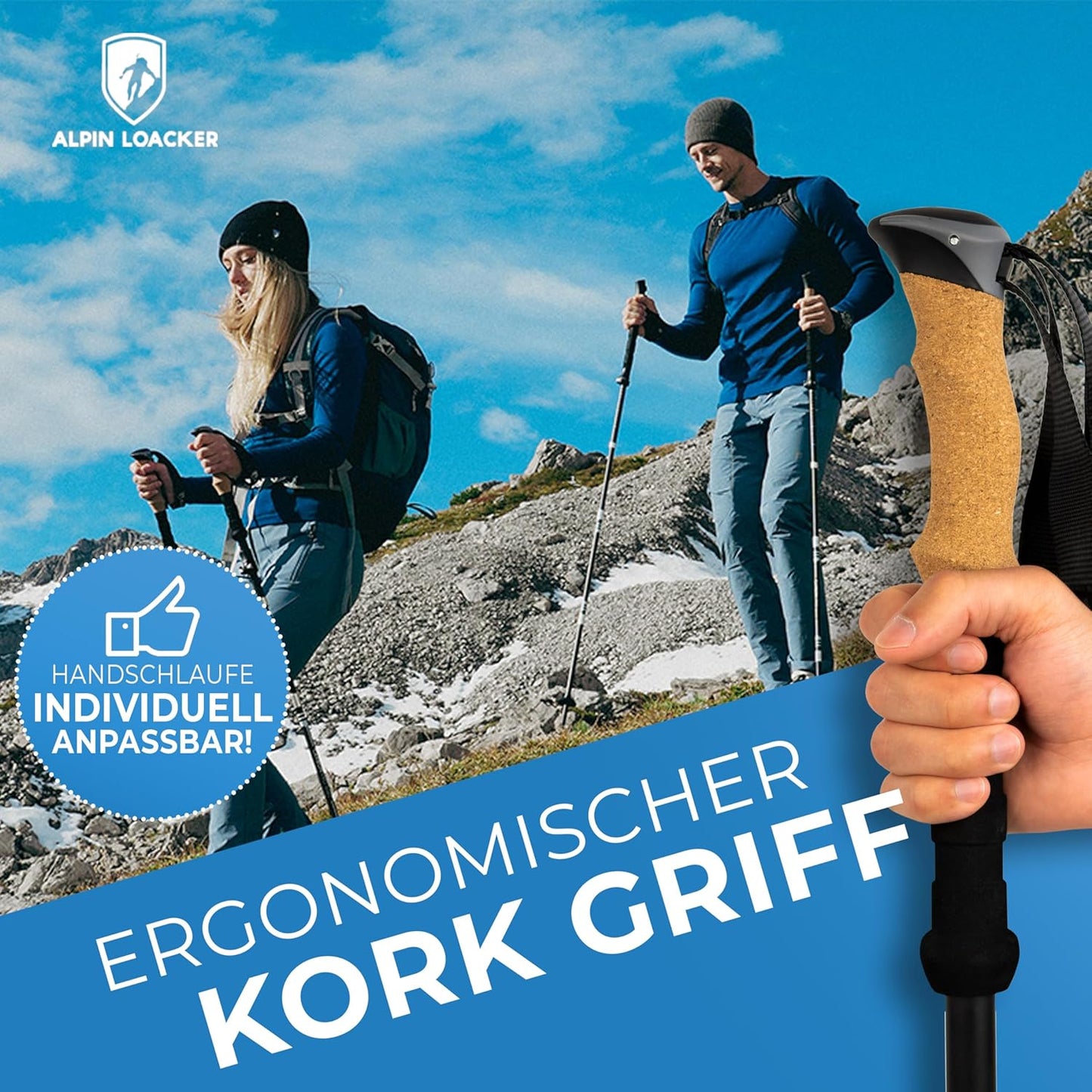 Faltbare Wanderstöcke mit Korkgriff, Carbon 115-135cm