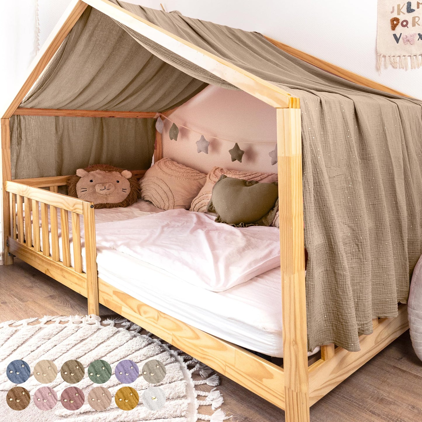Hausbett Himmel aus Baumwolle, Dunkelbeige mit Gold 135 x 360cm