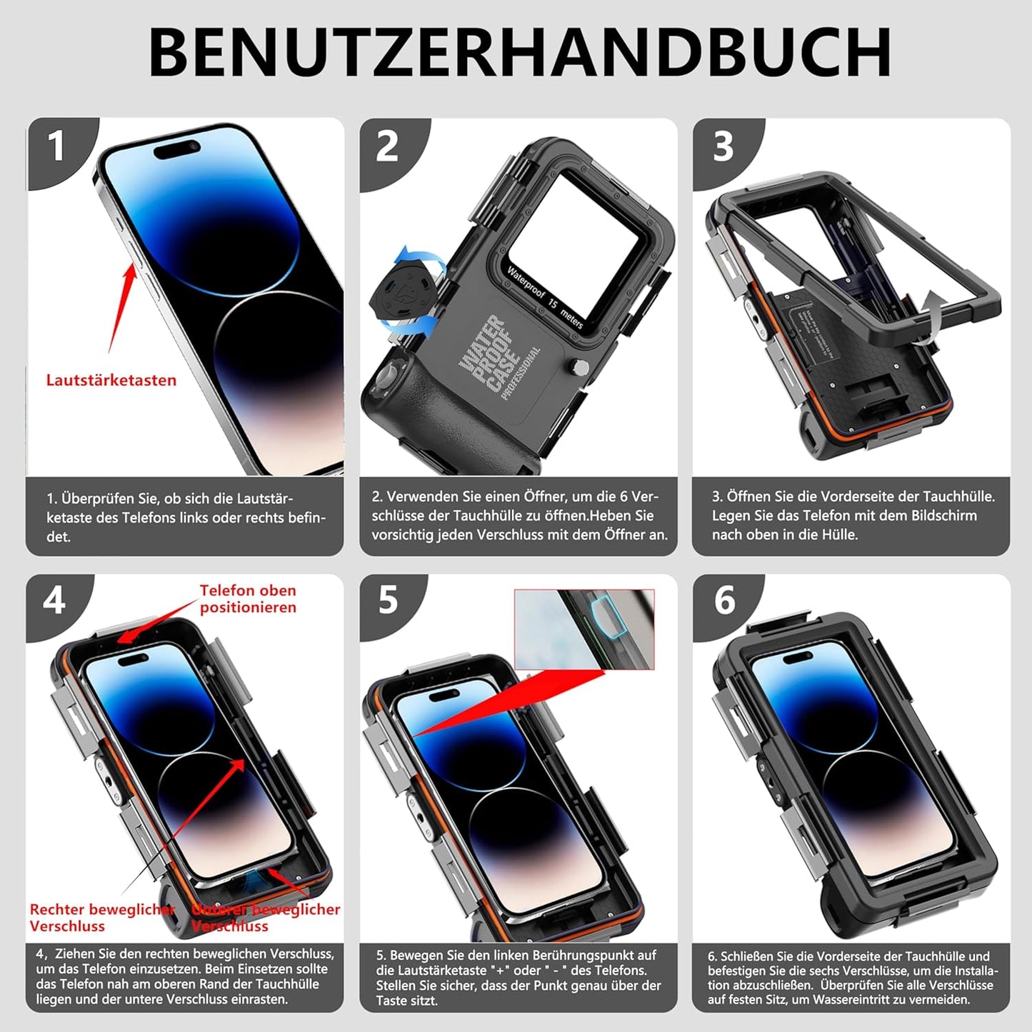 Unterwasser-Tauchgehäuse für iPhone, Schwarz