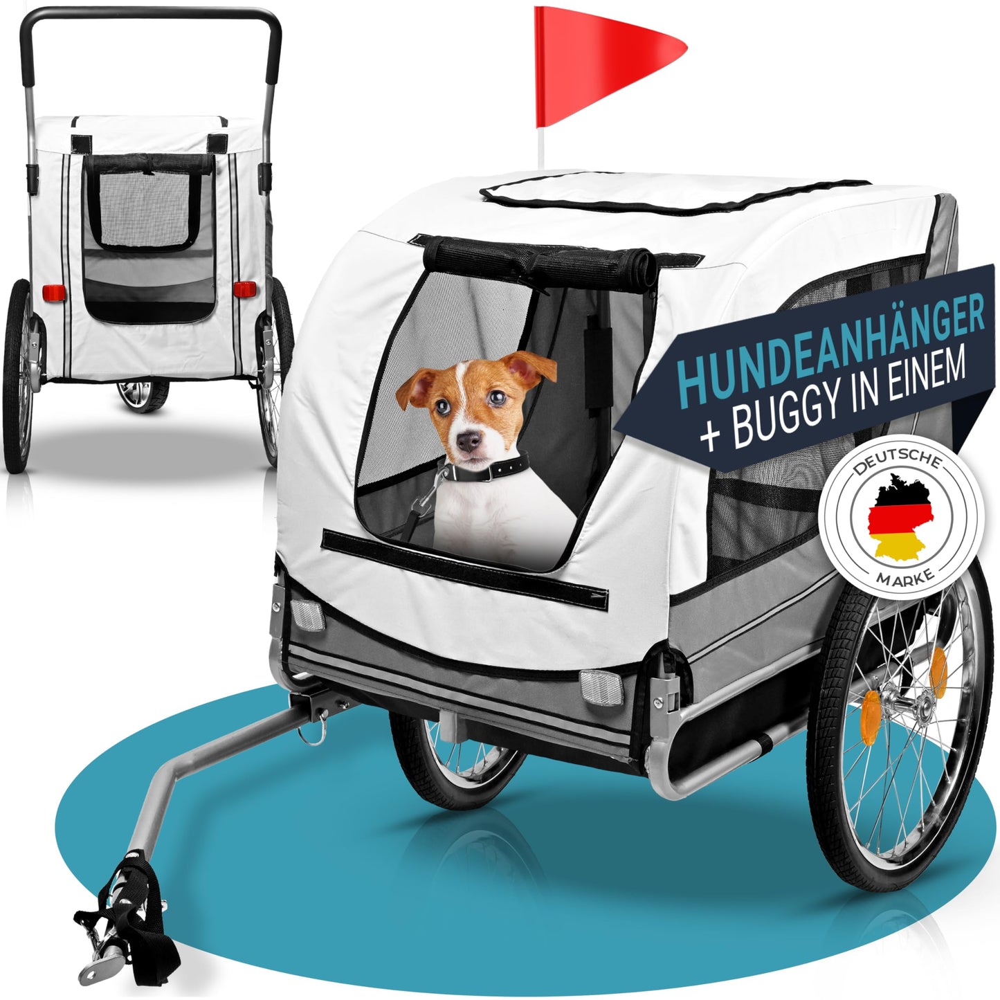 2-in-1 Hundeanhänger & Hundebuggy mit Sicherheitsgurt, Reflektoren, Regenschutz & Warnfahne