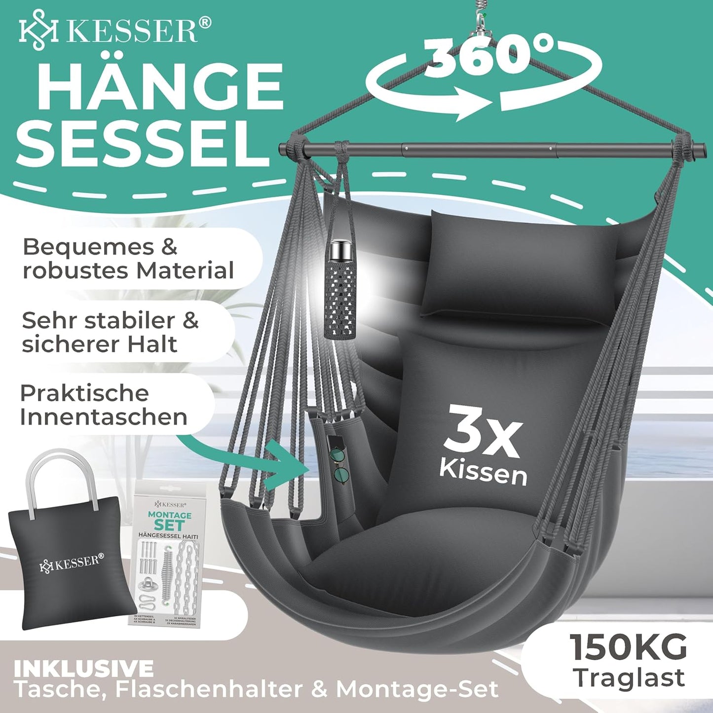 Hängesessel Haiti mit 360° Drehfunktion, Anthrazit