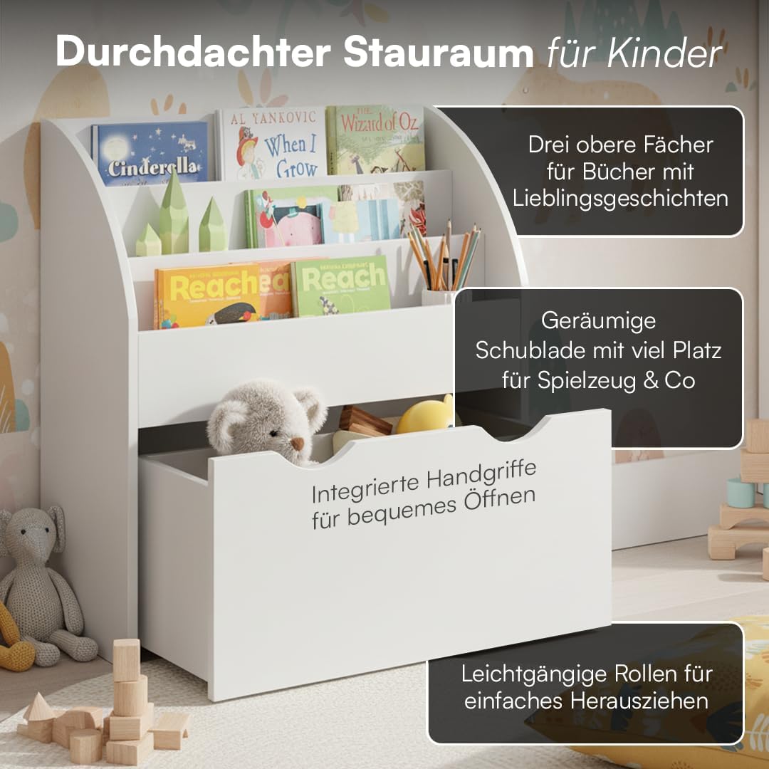 Kinder Bücherregal mit Schublade Montessori, Ohne Faltboxen Weiß, mit Schublade