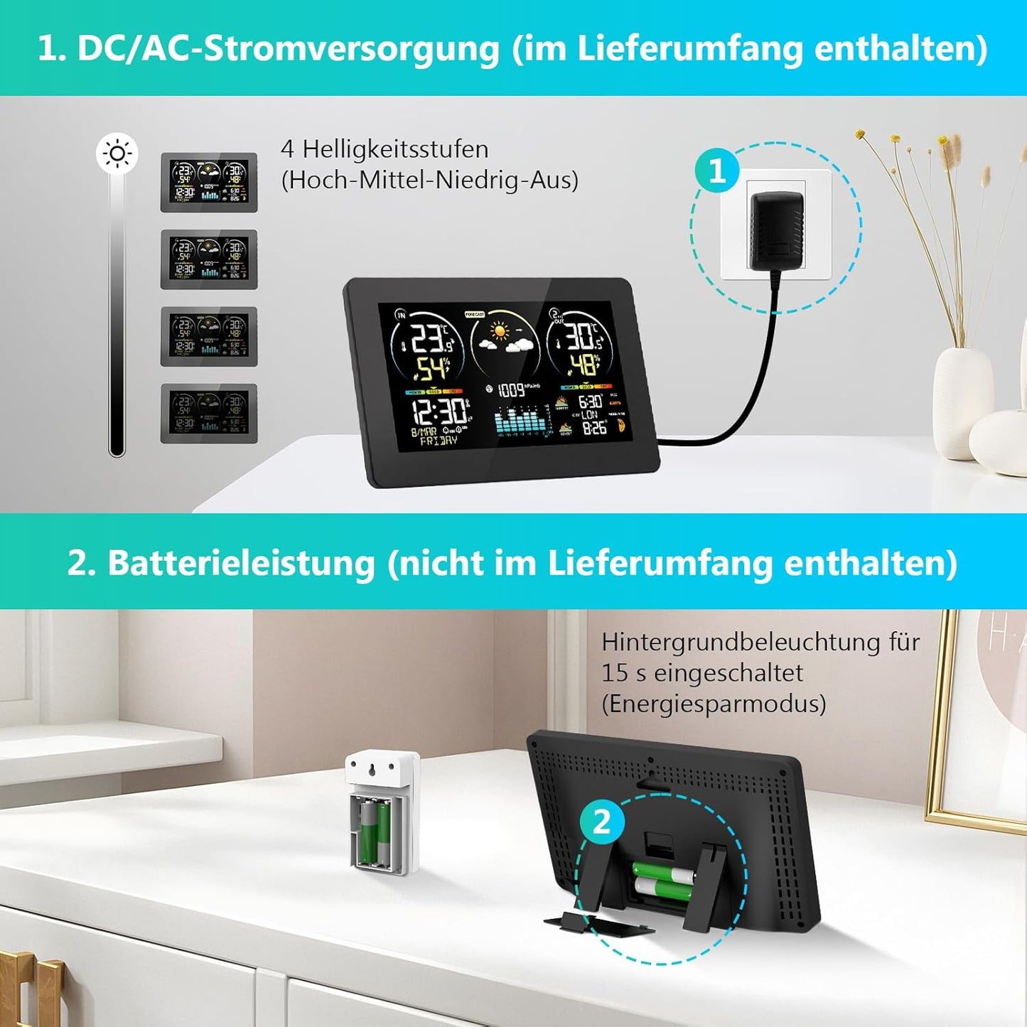 Funk-Wetterstation mit Aussensensor und Farbdisplay