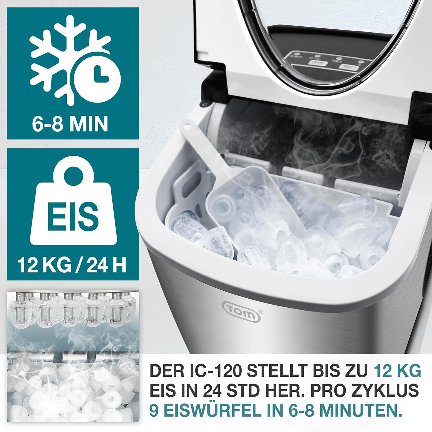 Eiswürfelmaschine mit LED-Display & Eiszange, Silber