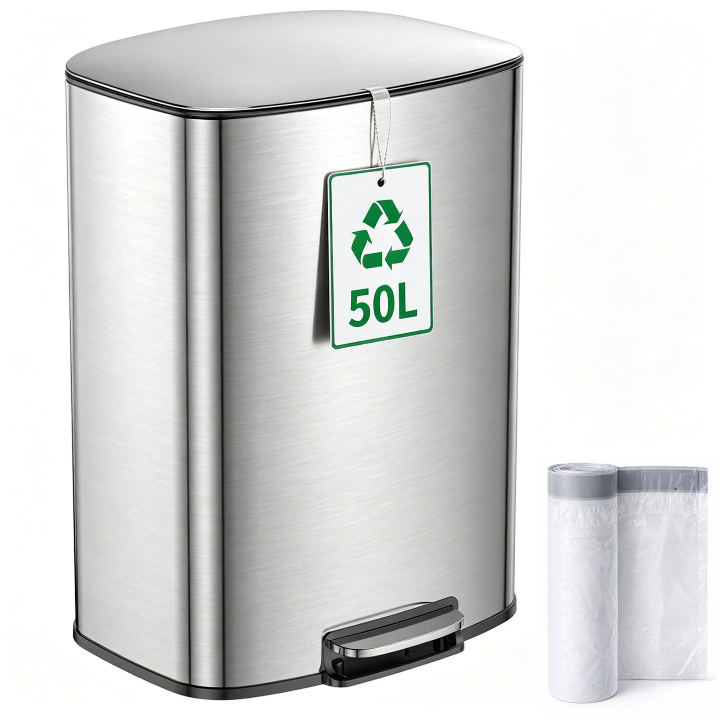 Treteimer mit Soft Close Deckel, Silber 50L