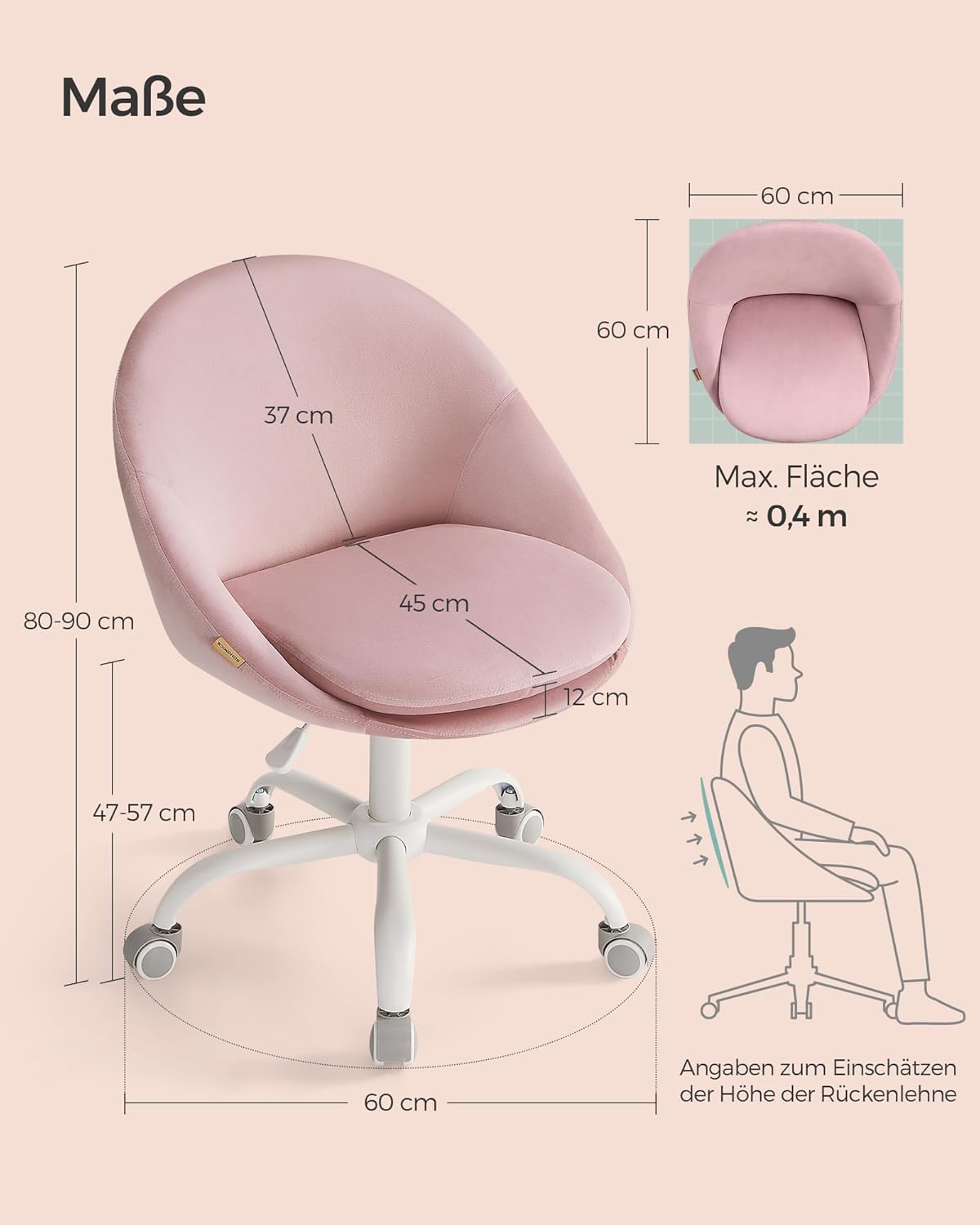 SONGMICS Homeoffice Stuhl, Pastellrosa Samt