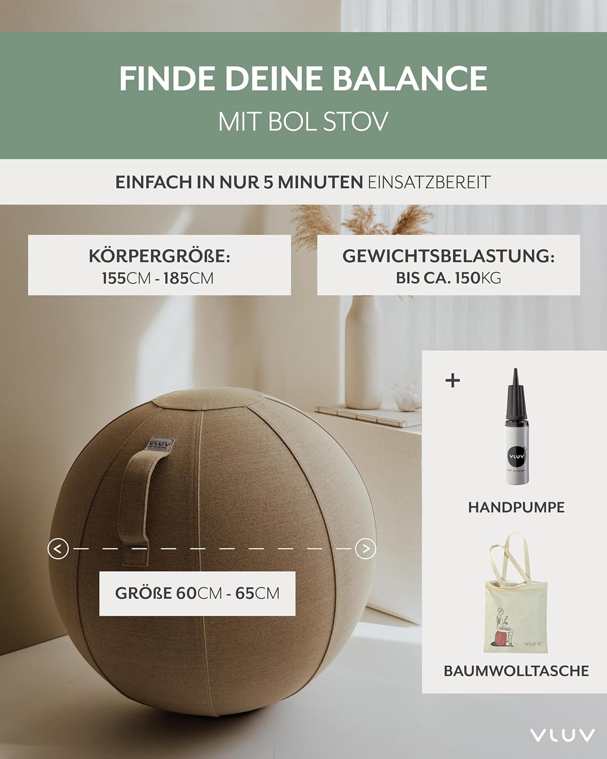 Ergonomischer Sitzball Stov, 60cm - 65cm Macchiato