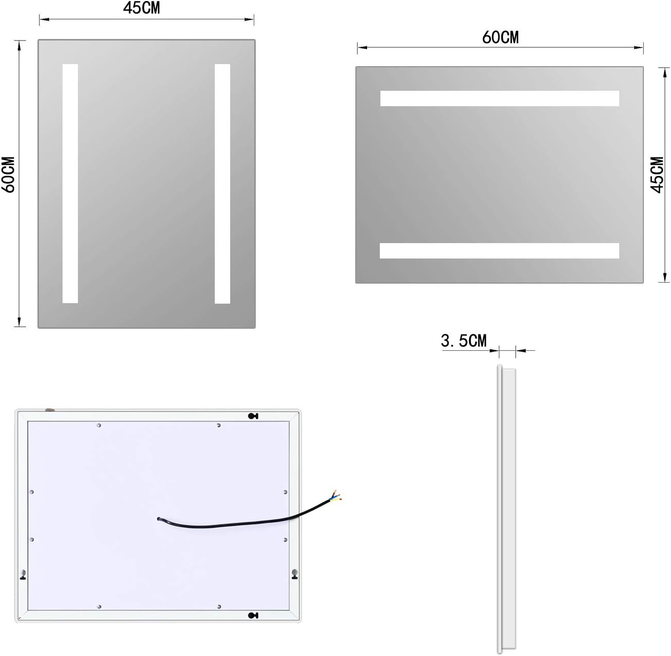 LED-Badezimmerspiegel mit Knopfschalter, 45 x 60 cm, 60L x 45B cm Zwei Mattierte Kanten - Ohne Bluetooth