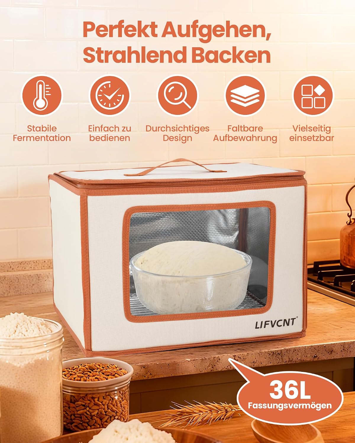 Faltbare Brot-Gärbox mit Timer und Rost, Creme Orange Beidseitige Erwärmung