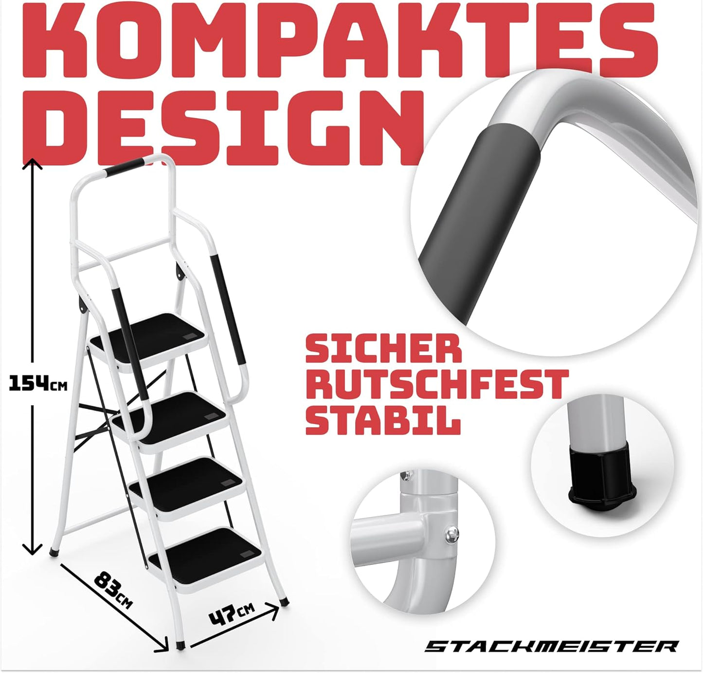Klappbare Sicherheitsleiter, 4 Stufen mit Handlauf Weiss
