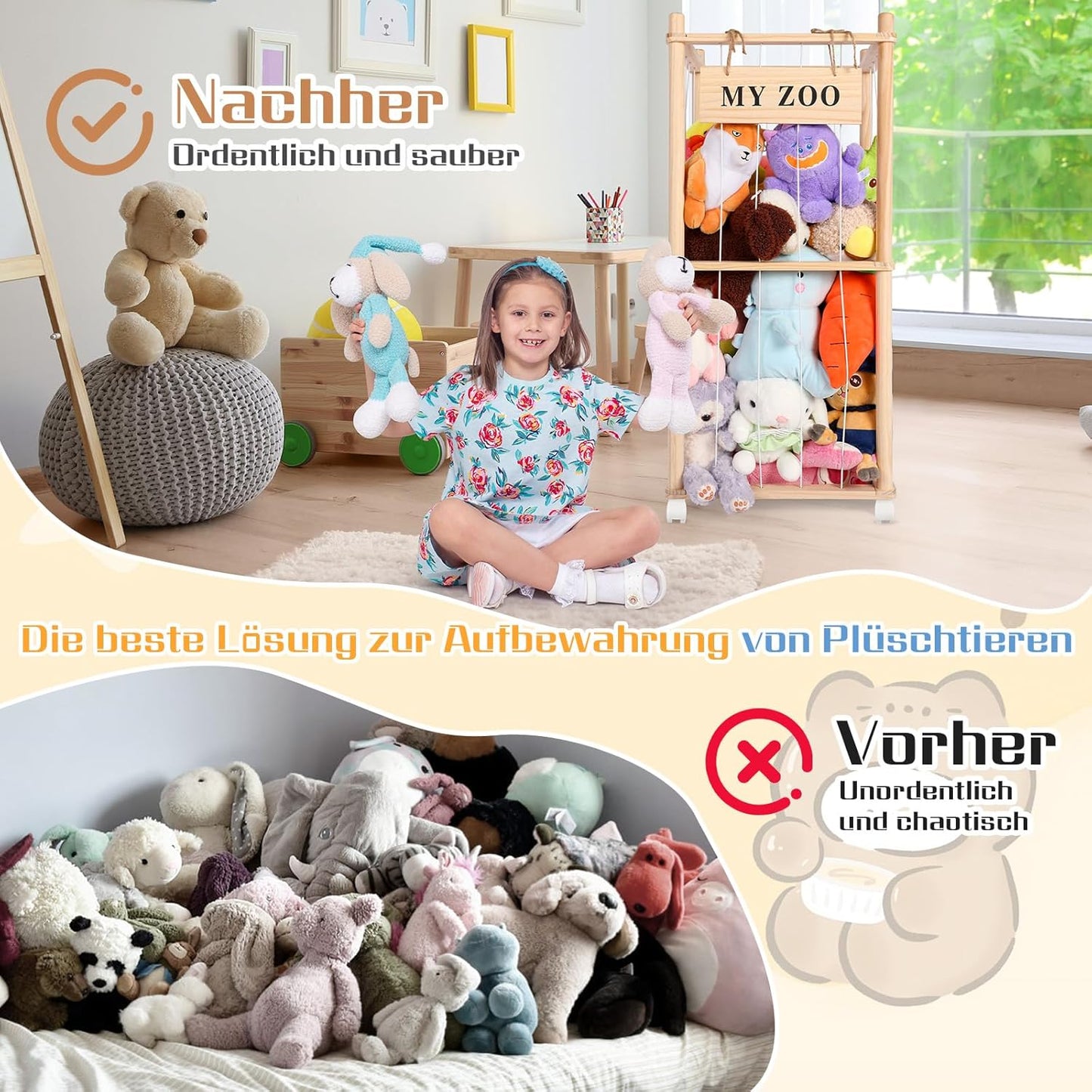Kuscheltier-Aufbewahrung mit 360° Rollen & Bremse, klein Burlywood