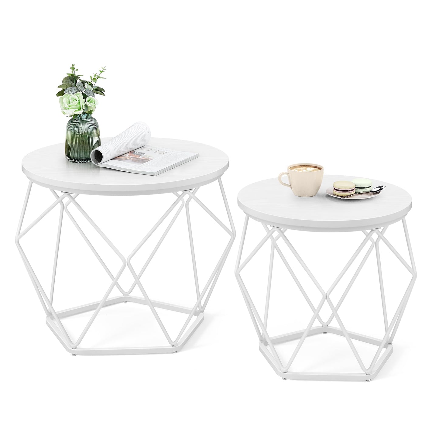 Runder Couchtisch im 2er-Set mit abnehmbarer Platte, (50 Dia. x 40H) cm + (40 Dia. x 36H) cm Schneeweiss + Wolkenweiss