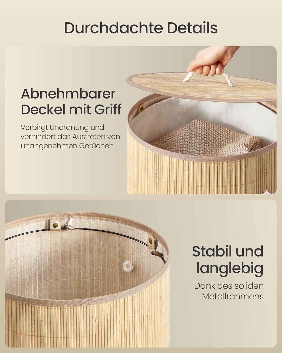 Faltbarer Wäschekorb mit Deckel, 90L, 90L rund