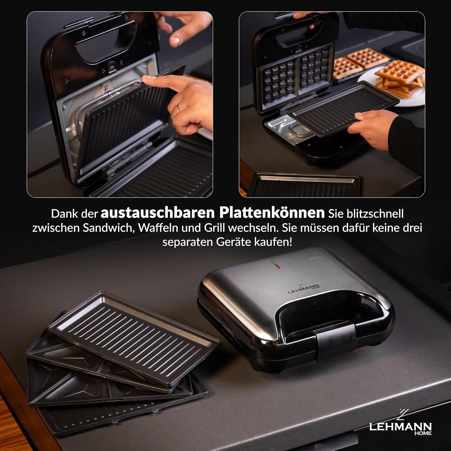 3-in-1 Sandwichmaker mit austauschbaren Platten