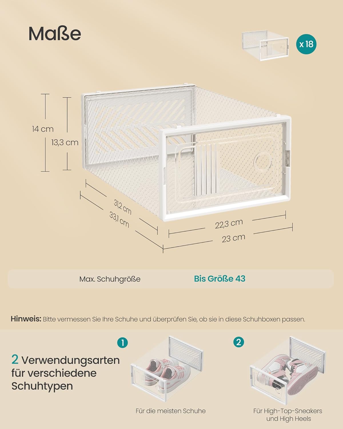 Schuhaufbewahrungsboxen-Set (18er, stapelbar), 18er Set Transparent + Weiss