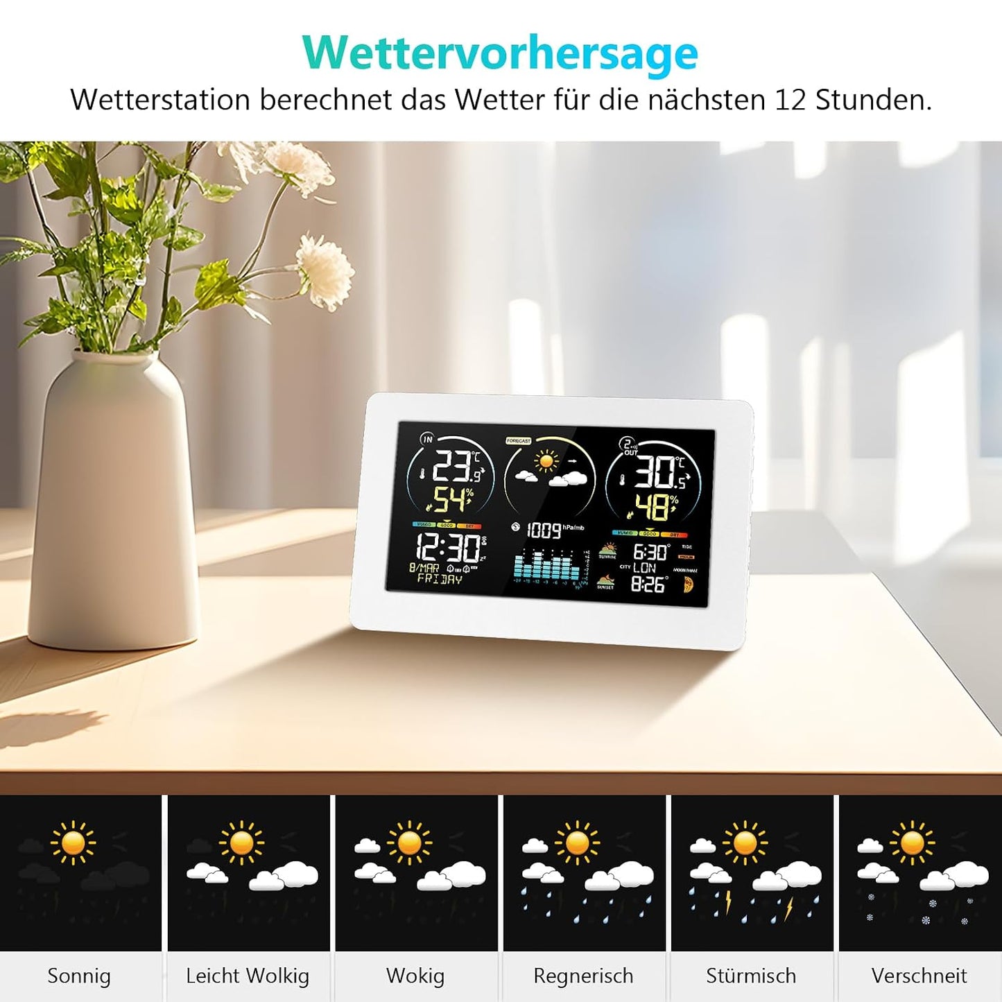 Funk-Wetterstation mit Aussensensor und Farbdisplay, Elfenbein