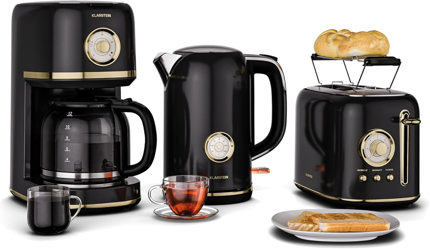 Retro Frühstücksset mit Toaster, Wasserkocher & Kaffeemaschine, Schwarz Komplettset
