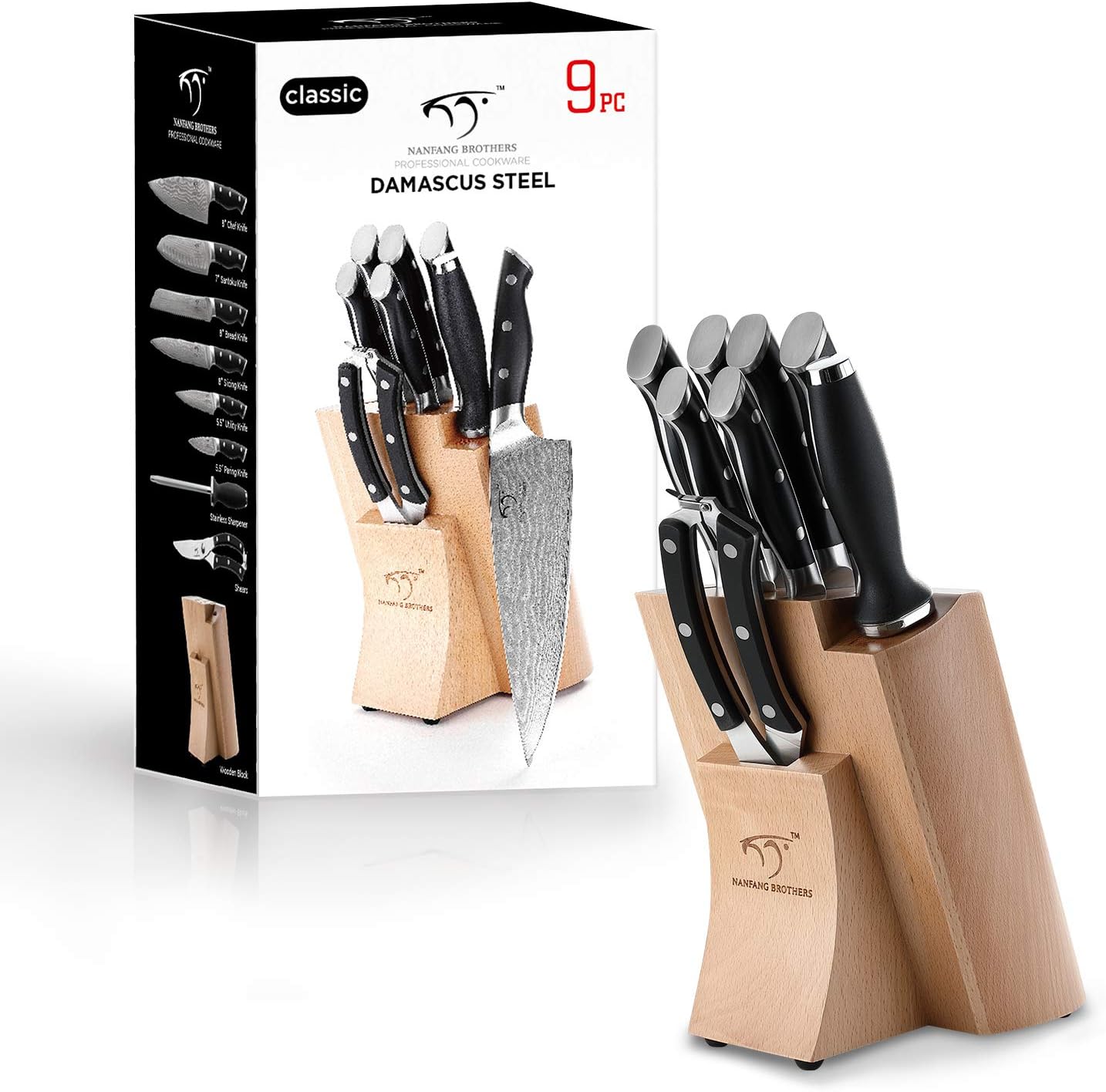 Messerblock Set, Holz, 9er Damastmesser Set