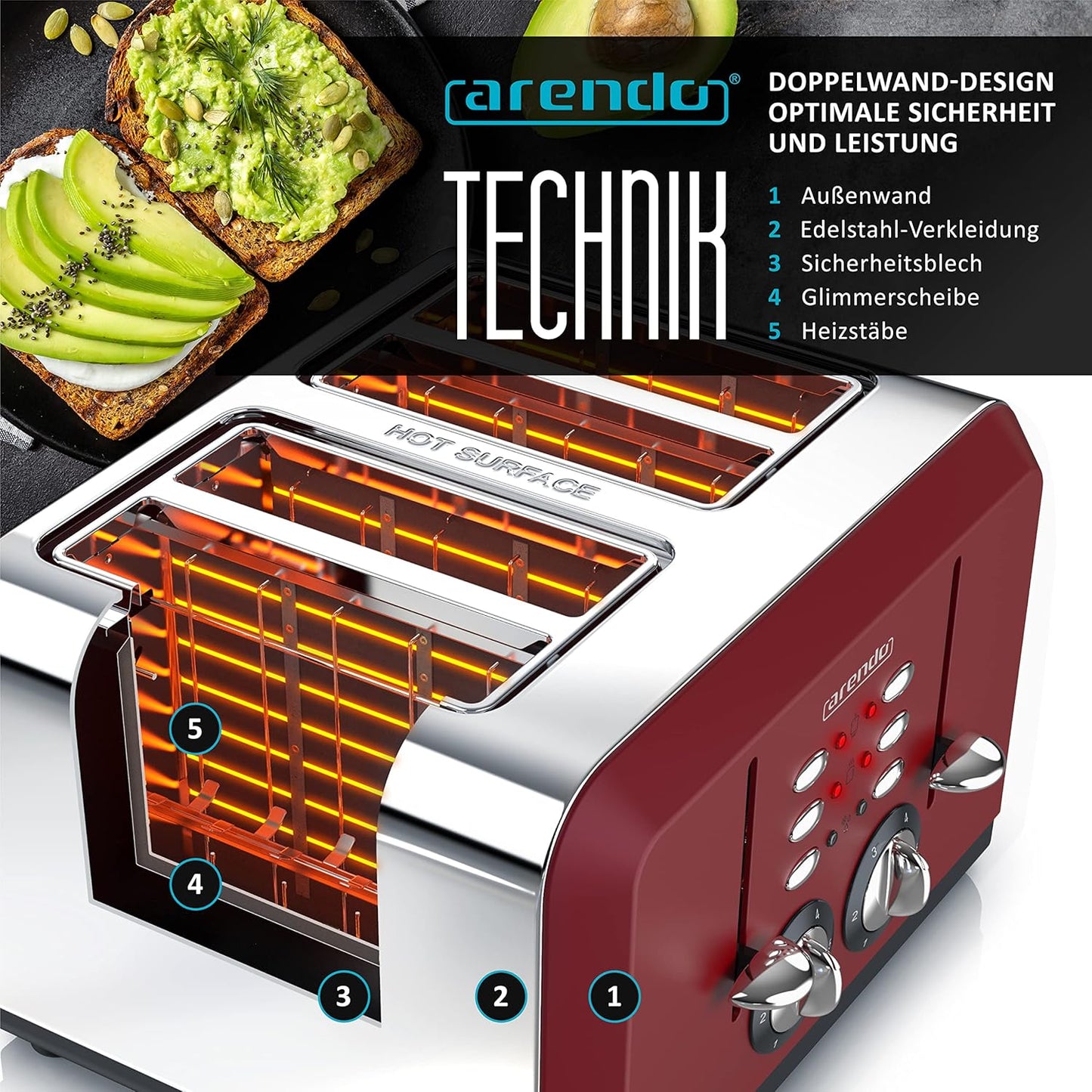 Automatik Toaster für 4 Scheiben mit Auftaufunktion, E: Rot