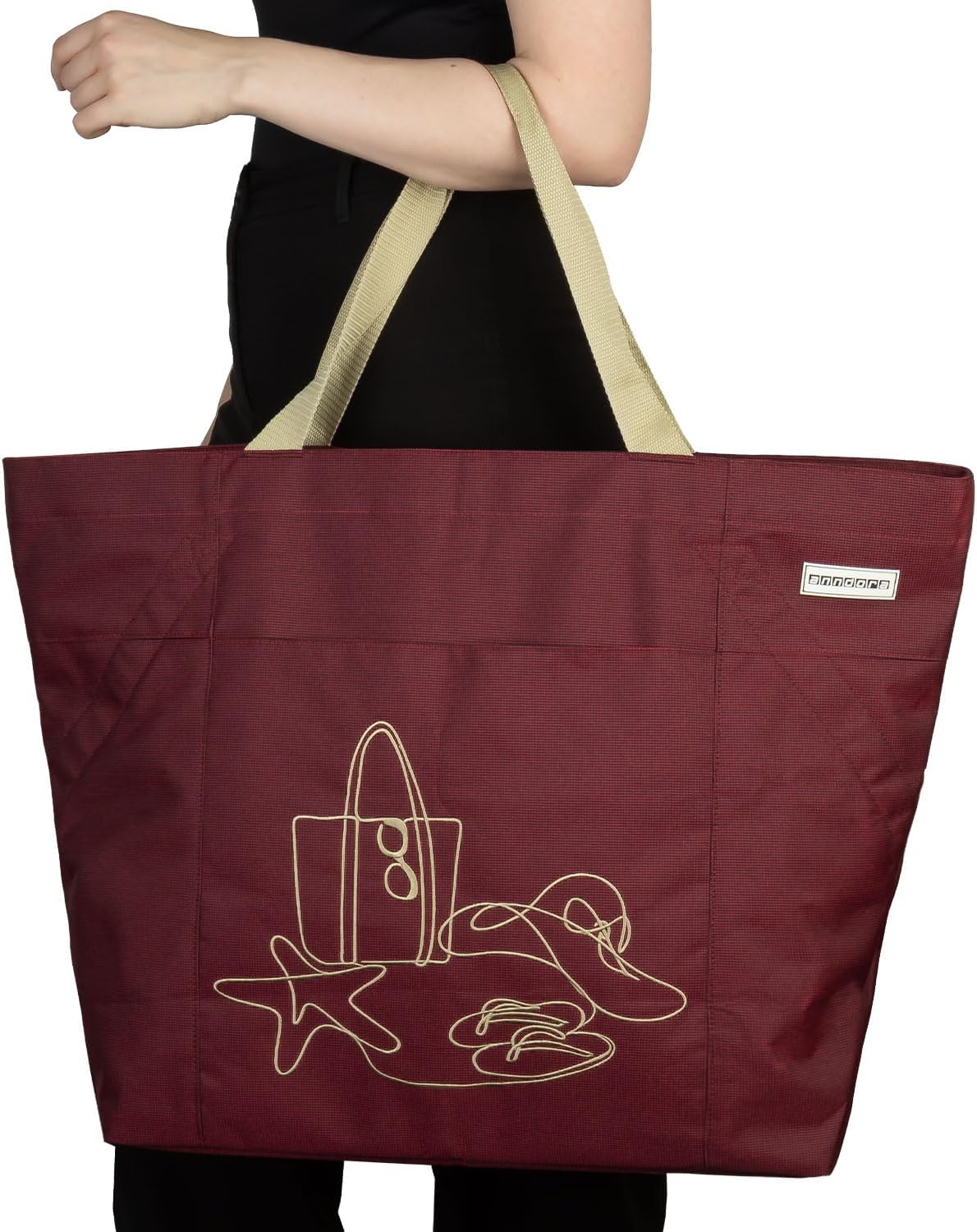Strandtasche, Rubinrot Bestickt