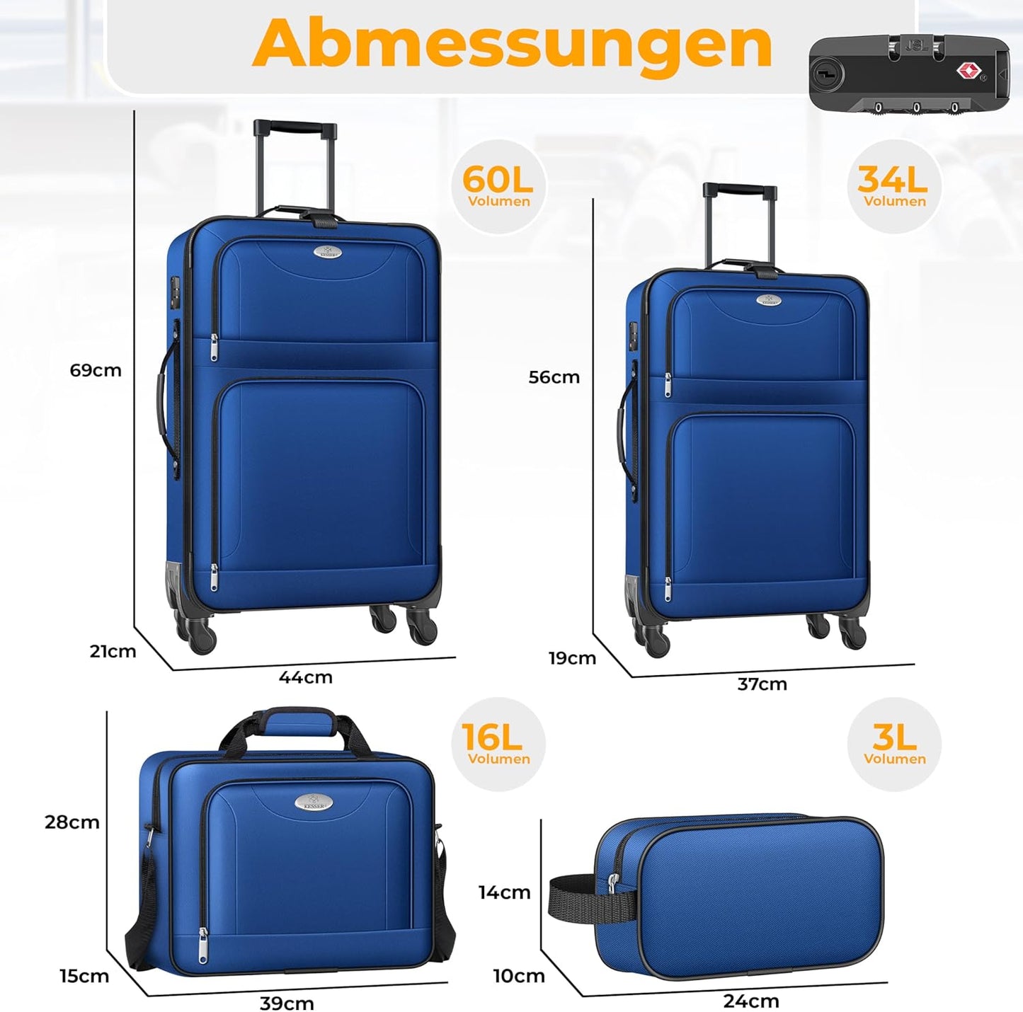 Reisekoffer Set mit TSA-Schloss und 360° Rollen (4-tlg), Blau