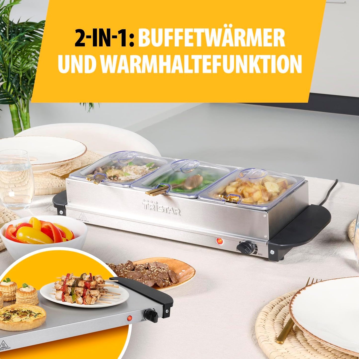 Buffetwärmer mit einstellbarem Thermostat, 1600 Watt Leistung, 25 g/ min Dampferzeugung Mittelgross