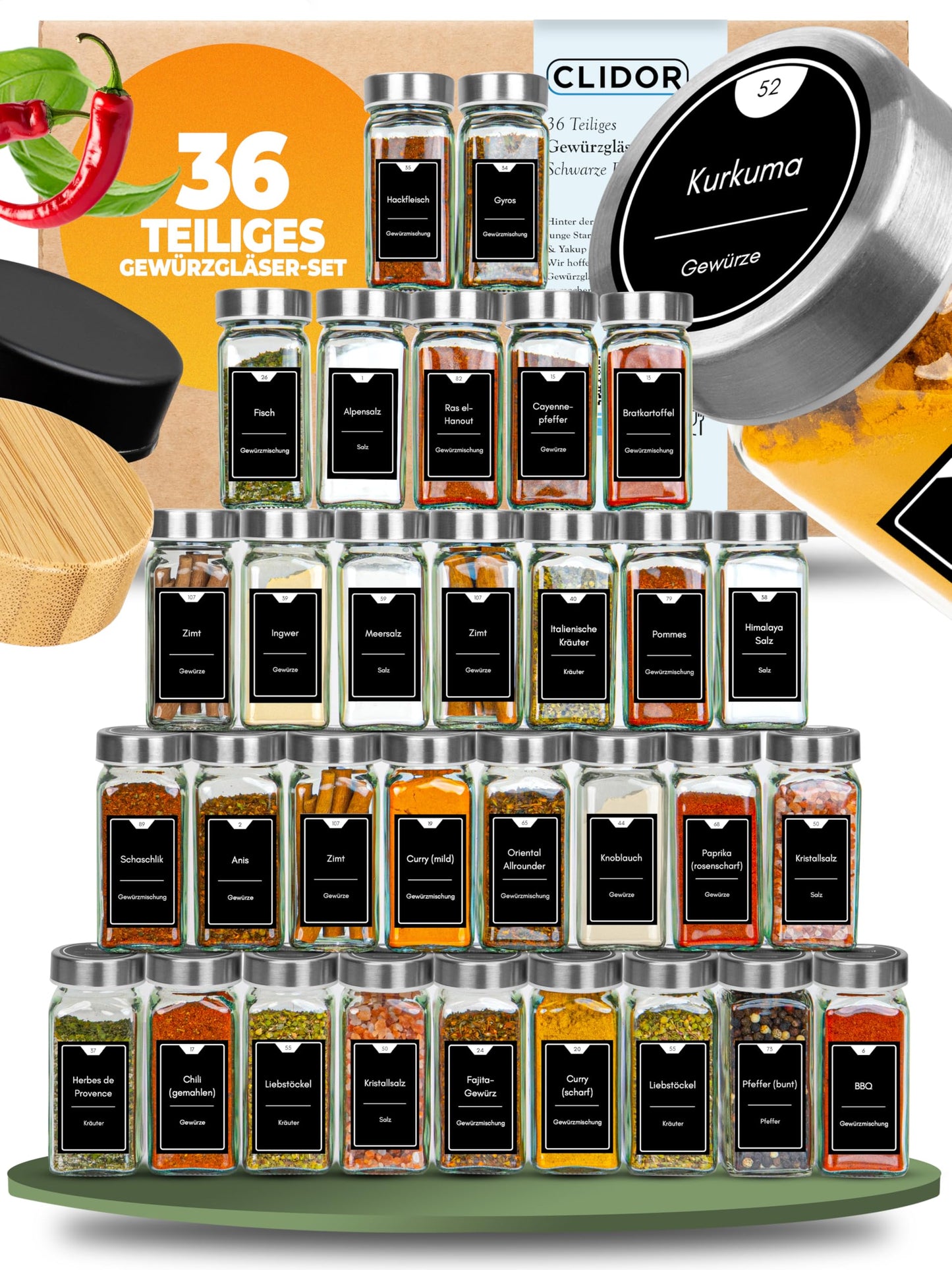 36-teiliges Gewürzgläser-Set mit Streueinsatz, 36er Set - Edelstahl