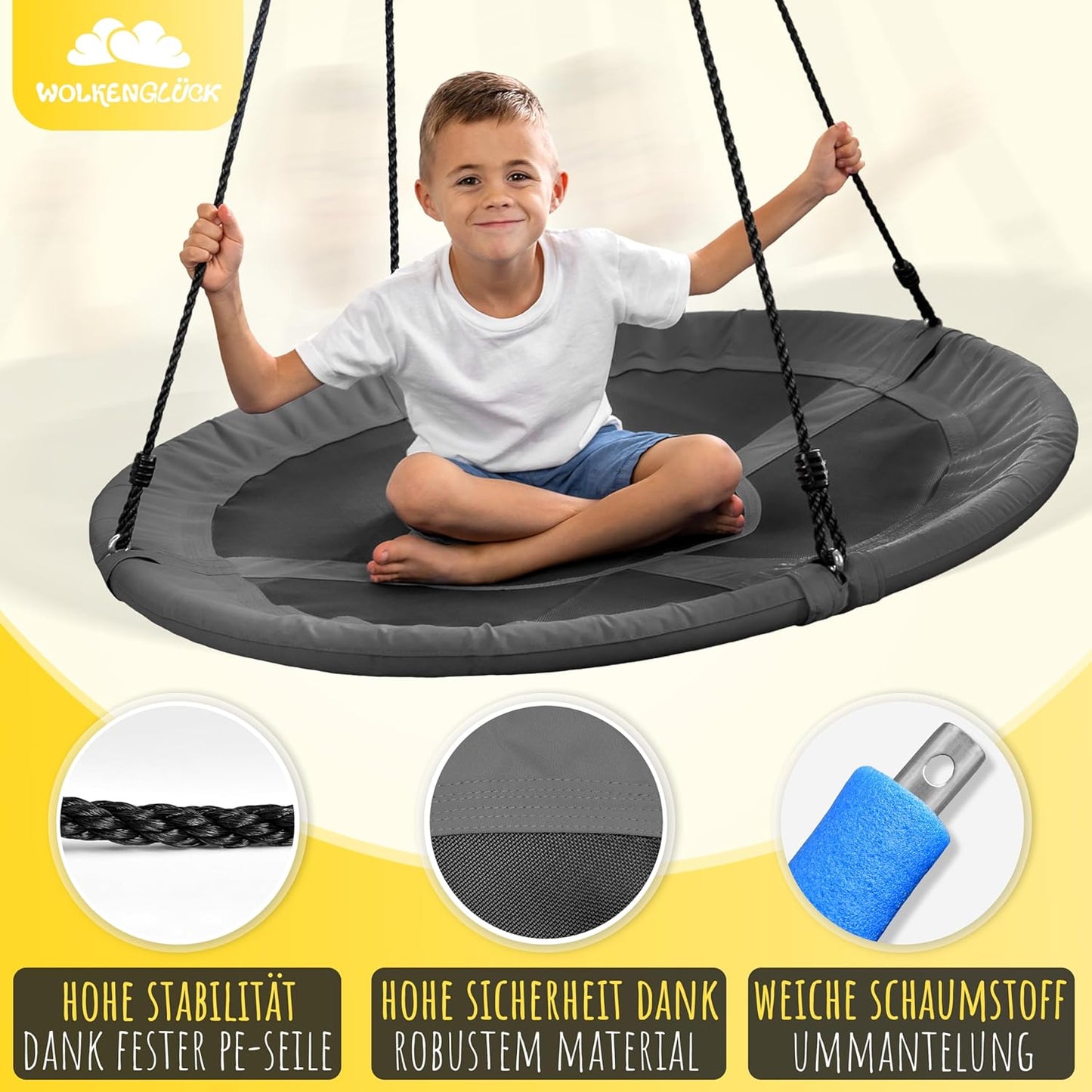 Höhenverstellbare Nestschaukel für Kinder & Erwachsene, Grau - 110cm Durchmesser