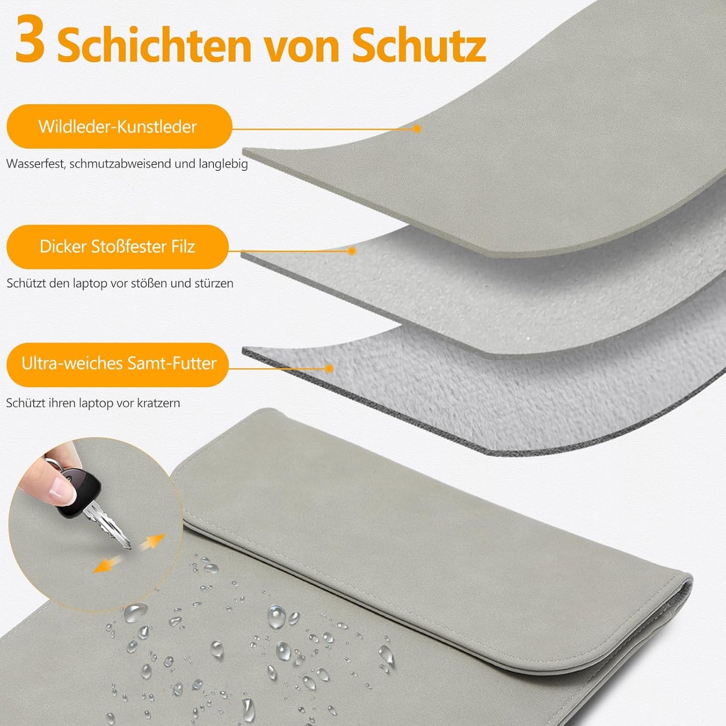 Laptophülle 13,3-14 Zoll für MacBook/Surface/HP, 13,3-14 Zoll Hellgrau