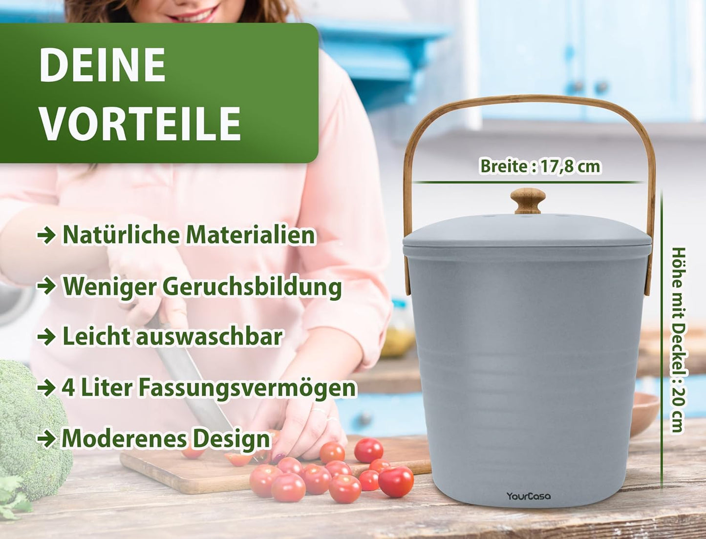 Geruchsdichter Komposteimer, 4L Grau