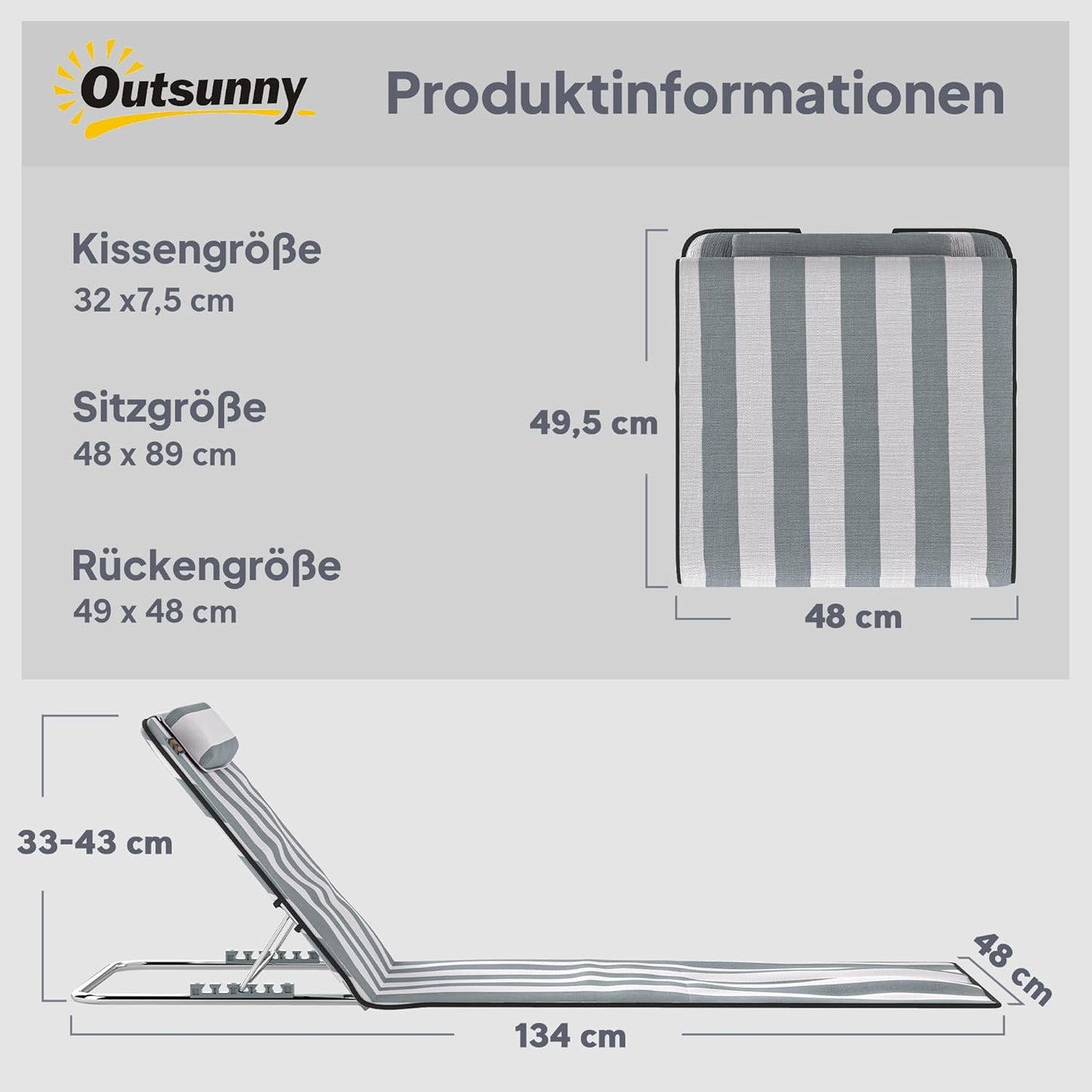 Klappbares Sonnenliegen-Set mit Kopfkissen und Tragetasche, Hellgrau