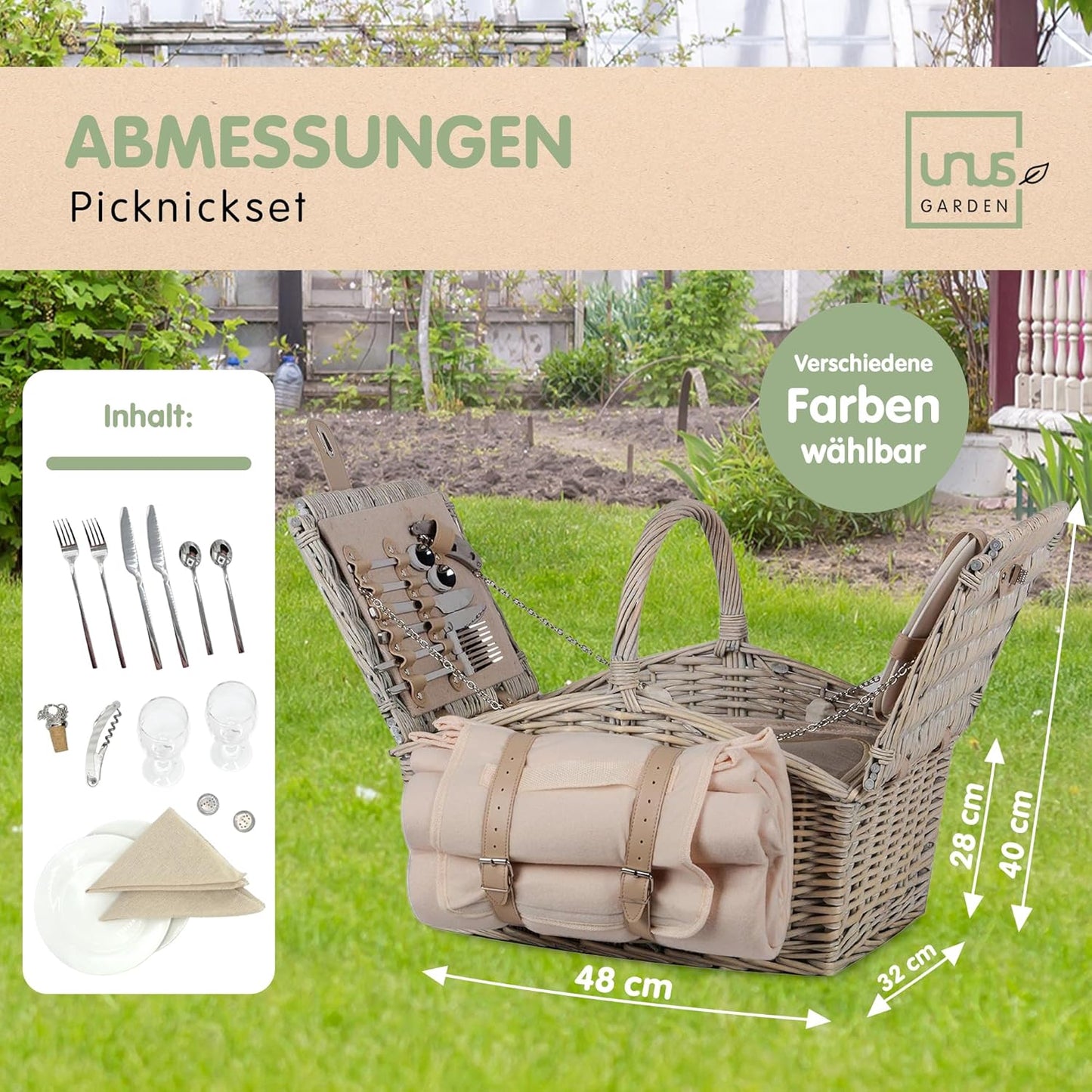 Picknick Set mit Kühltasche und Decke für 2 Personen, Grau / Weiss / Blau